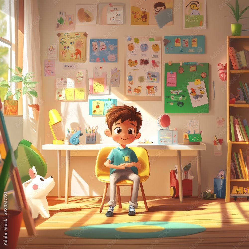 Bright and Cheerful Children's Art Studio with Boy and Playful Decor