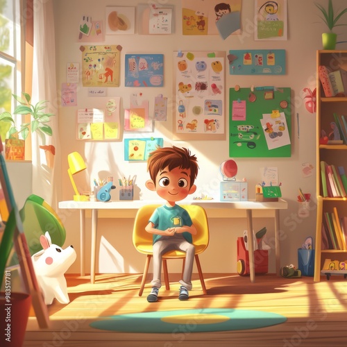 Bright and Cheerful Children's Art Studio with Boy and Playful Decor photo