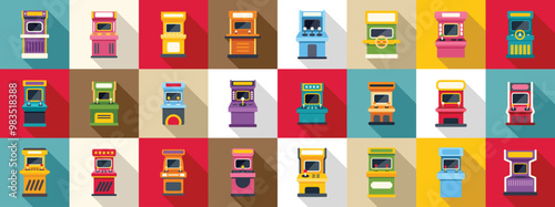 Retro arcade video game screen machine icons set. Large set of colorful arcade game cabinets with joysticks and buttons, bringing back the nostalgia of the eighties