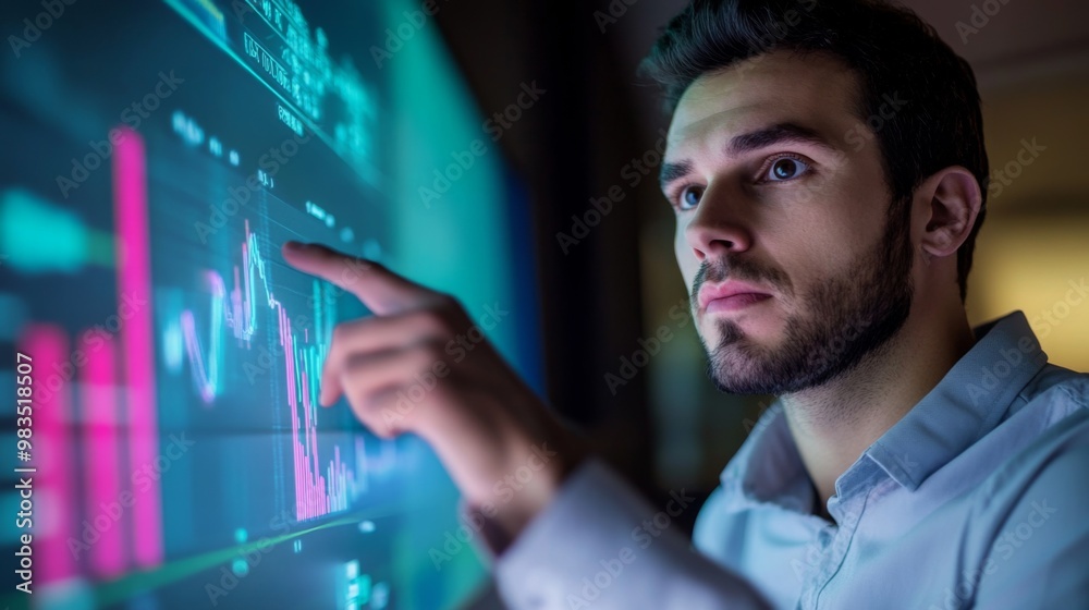Obraz premium Man Analyzing Financial Data on a Large Screen
