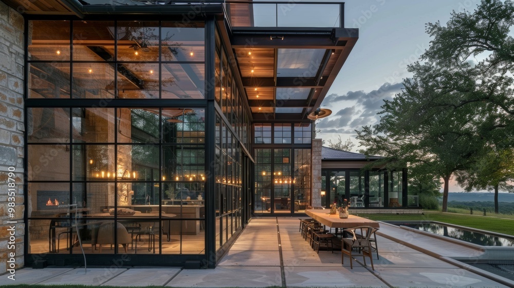 Fototapeta premium Stunning Contemporary Lakefront Home with Elegant Outdoor Patio and Panoramic Views