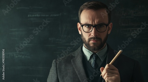 A serious man with a beard wearing glasses holding a wooden stick in front of a chalkboard. photo