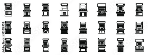 Retro arcade video game screen machine icons set. This set of arcade game cabinets is perfect for illustrating the excitement and nostalgia of classic video gaming