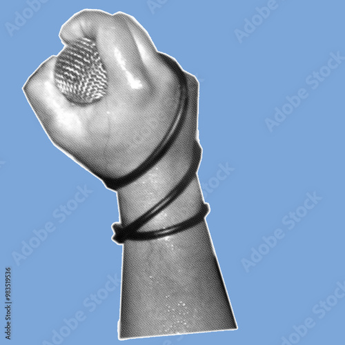 close up of hand holding microphone pixelate grayscale color halftone dotted texture style collage element isolated on blue background