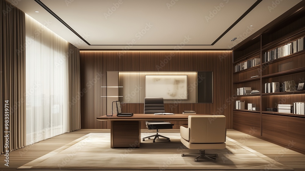 Modern executive office interior design featuring wood finishes, natural light, and minimalistic decor in a corporate environment Modern executive office interior design featuring wood finishes, natural light, and minimalistic decor in a corporate environment