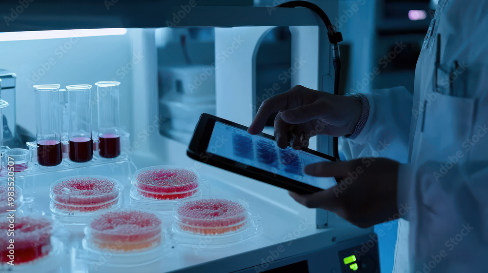 A scientist using a smartphone examines petri dishes filled with cultured samples in a laboratory setting, highlighting modern research methods.