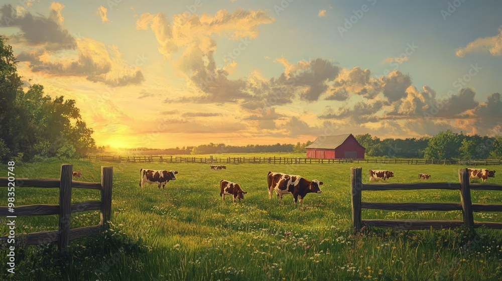 Obraz premium Serene Countryside Landscape with Cows at Sunset