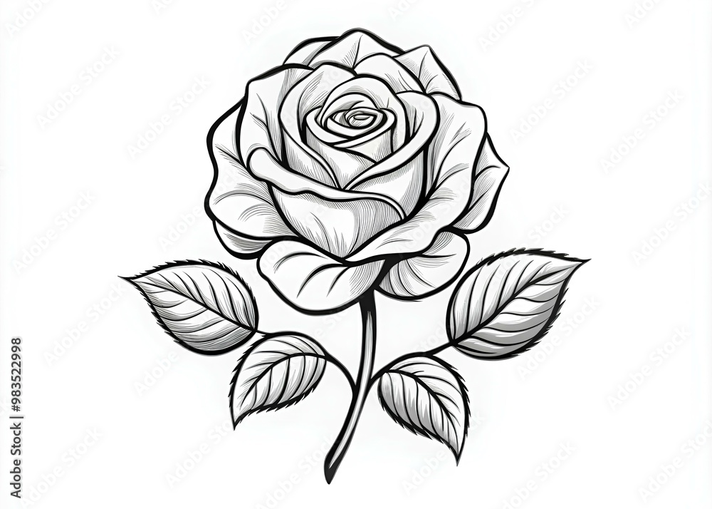 Rose Line Drawing with Leaves for Digital Art Projects Rose Line Drawing with Leaves for Digital Art Projects