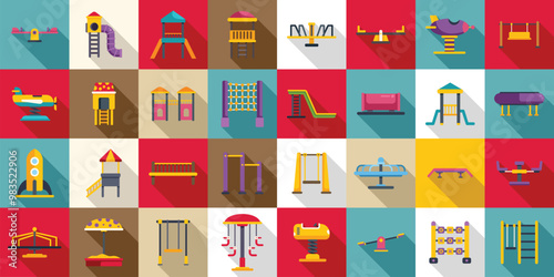 Kindergarten outdoor recreation area icons set. This colorful vector illustration features various playground equipment icons with a long shadow design