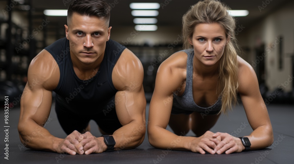 Energetic young couple engaging in fitness activities within their home gym space Energetic young couple engaging in fitness activities within their home gym space