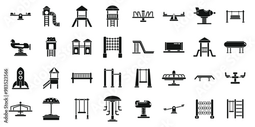 Kindergarten outdoor recreation area icons set. Kids playing equipment set on white background. Simple set of kids playing equipment vector icons for web design on white background