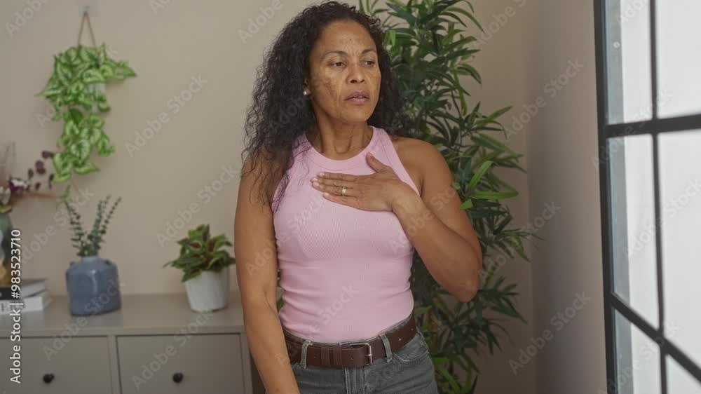 Woman experiencing chest discomfort in a home living room, surrounded by plants and wearing a pink tank top and grey jeans Woman experiencing chest discomfort in a home living room, surrounded by plants and wearing a pink tank top and grey jeans