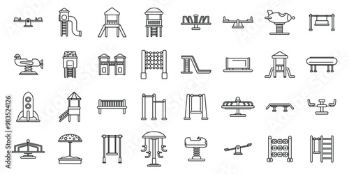 Kindergarten outdoor recreation area icons set. Line art icon set featuring various playground equipment for outdoor fun and recreation