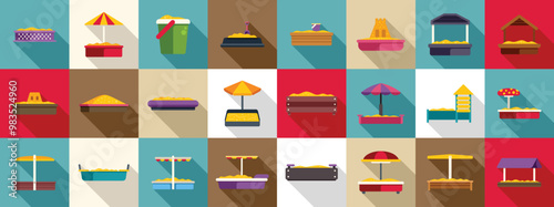 Sandbox icons set. Collection of sandboxes in different styles for children playing with sand in the park or yard
