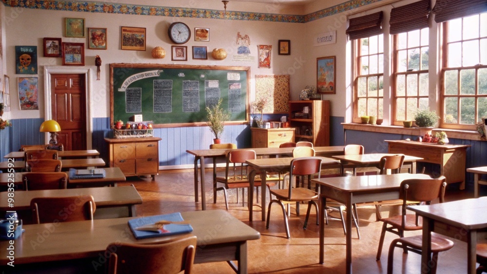 Empty traditional classroom with desks, chairs, chalkboard, and windows. Empty traditional classroom with desks, chairs, chalkboard, and windows.