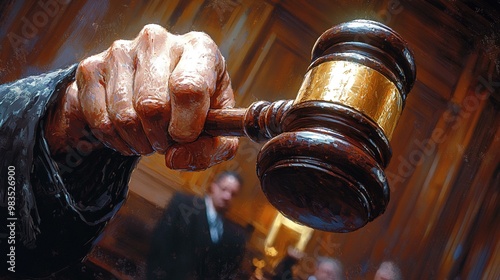 a Judge’s hand holding a gavel, set against a courtroom background.