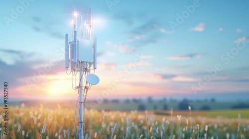 A cellular tower stands in a field during sunset, showcasing technology amid nature's beauty, with soft, warm lighting enhancing the scene. photo