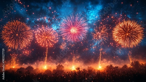 this Colorful fireworks display with bright sparks against a dark blue night sky.