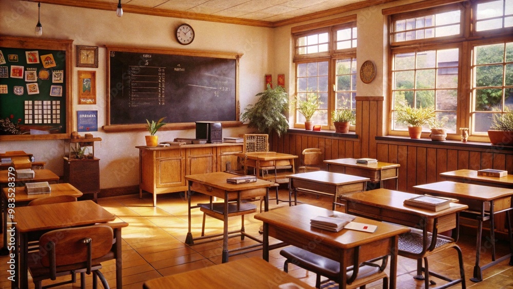Empty traditional classroom with wooden desks, a blackboard, and large windows. Empty traditional classroom with wooden desks, a blackboard, and large windows.