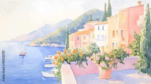 Cliffside village with colorful buildings, glowing under the evening sun, blending watercolor and oil painting techniques, calm coastal vibes