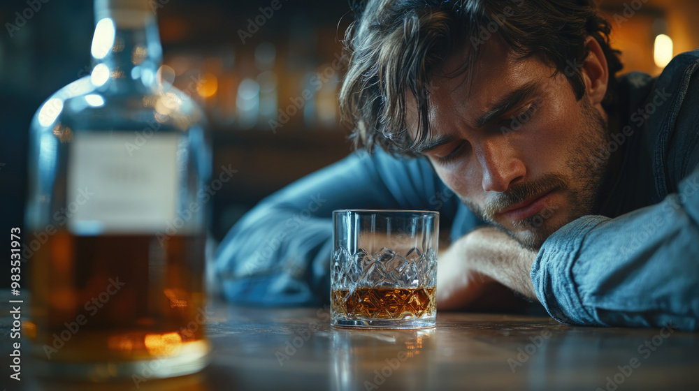 A man is sitting at a bar with a glass of whiskey in front of him. He is in a state of sadness or despair A man is sitting at a bar with a glass of whiskey in front of him. He is in a state of sadness or despair