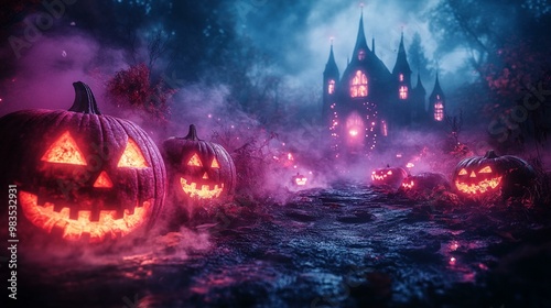 the Spooky Halloween night scene with eerie lighting, fog, and haunting decorations.