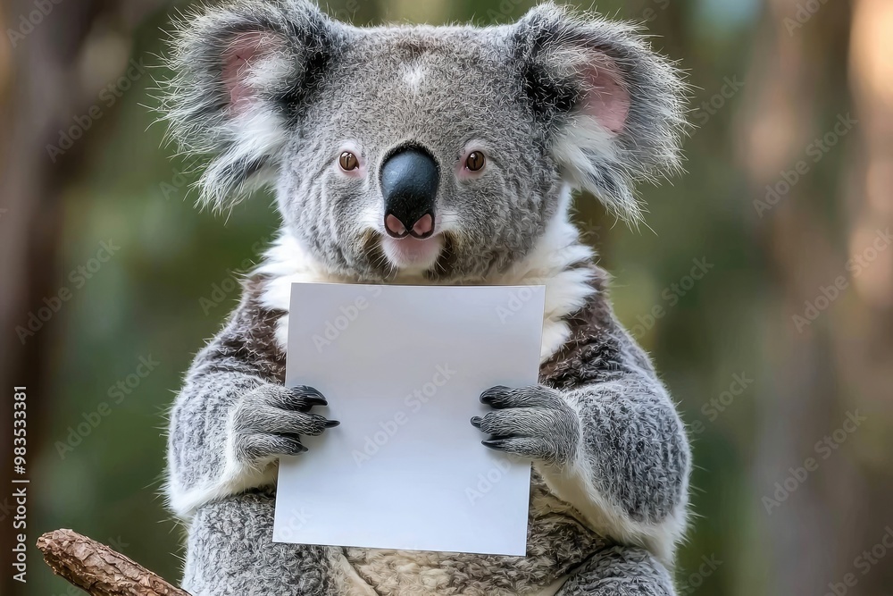 Obraz premium A charming koala holds a blank sheet of paper, showcasing a playful moment in the wild, perfect for nature-themed projects.