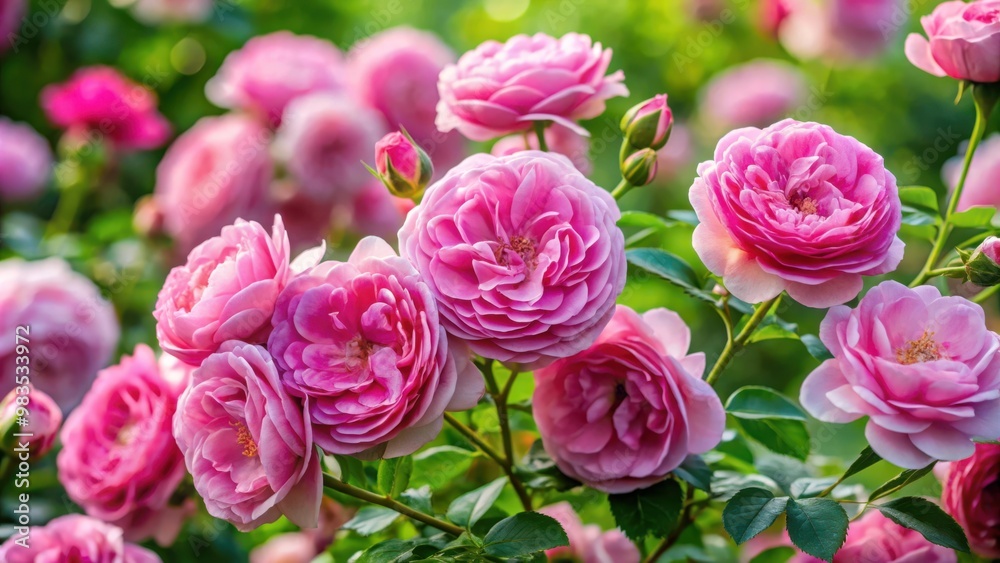 Showy pink garden roses Giro Amorina blooming in lush summer garden with vibrant colors and elegant petals Showy pink garden roses Giro Amorina blooming in lush summer garden with vibrant colors and elegant petals