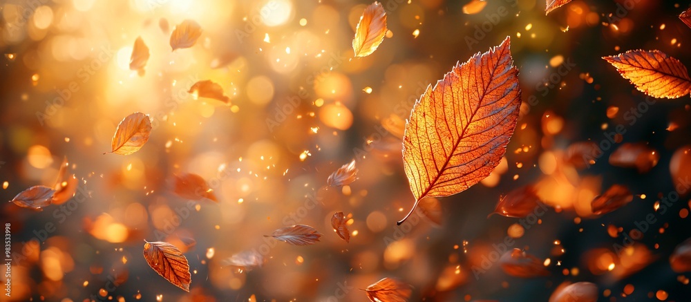 A tranquil autumn scene with swirling leaves, perfect for Thanksgiving and Halloween promotions, featuring a warm background and ample copy space.