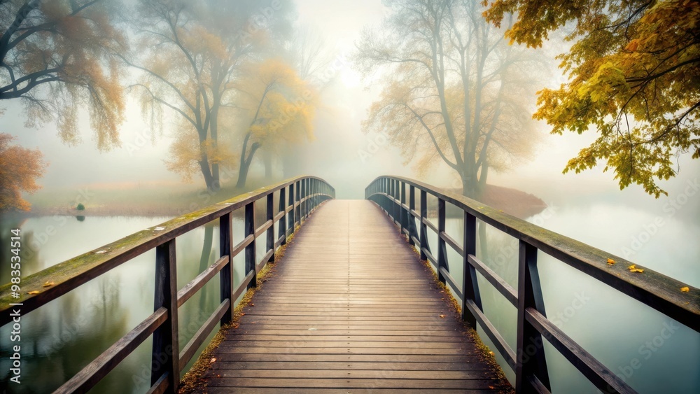 Fototapeta premium Mysterious and isolated footbridge covered in fog on a cold and lonely autumn day