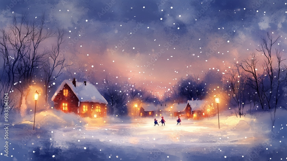 Naklejka premium A serene winter scene featuring a snow-covered log cabin with warm, glowing lights inside. In the foreground, children are seen ice skating on a frozen pond under softly falling snowflakes.