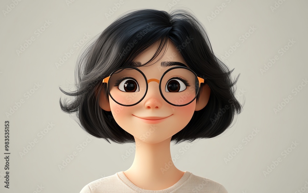 Asian cartoon woman, young adult with short black hair and glasses, smiling expression, 3D style, light background, human feelings Asian cartoon woman, young adult with short black hair and glasses, smiling expression, 3D style, light background, human feelings