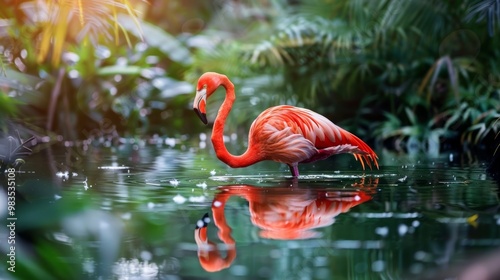 Vibrant Pink Flamingo Gracefully Swimming in Serene Tropical Lake photo