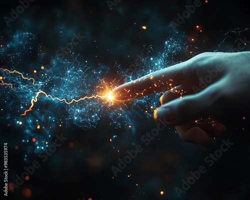 Futuristic concept of information transfer, human finger touching spark of electrical energy, power and connection photo