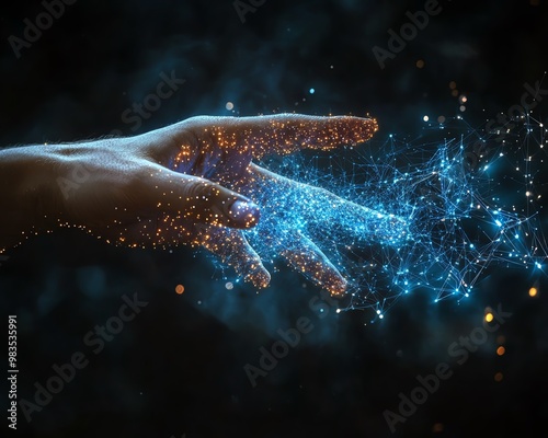 Futuristic concept of information transfer, human finger touching spark of electrical energy, power and connection photo