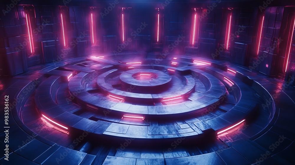 A futuristic circular maze made of glass and metal, pathways extending outward like a spider web, with neon lights guiding the way A futuristic circular maze made of glass and metal, pathways extending outward like a spider web, with neon lights guiding the way