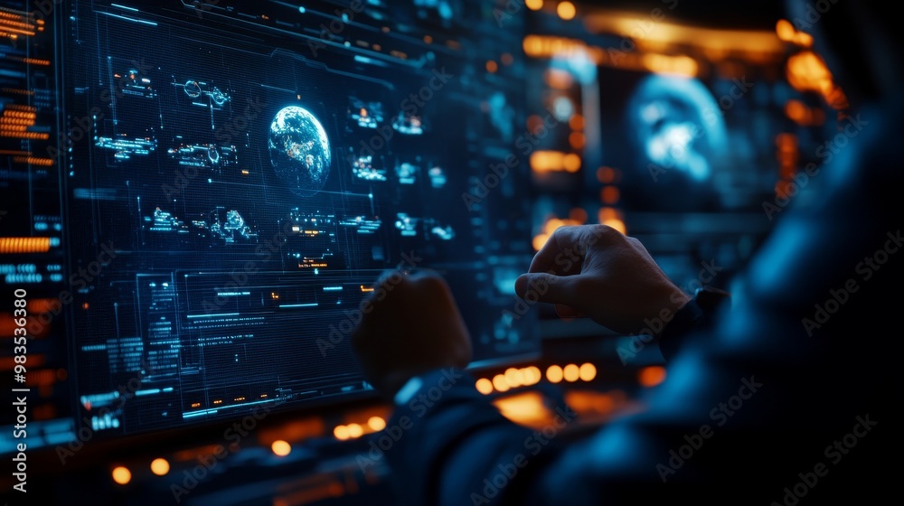 A futuristic control room where the user is surrounded by holographic displays of planets and stars, with AI-driven spacecraft models rotating in midair. [Sci-fi, Hologram, 3D, Space]