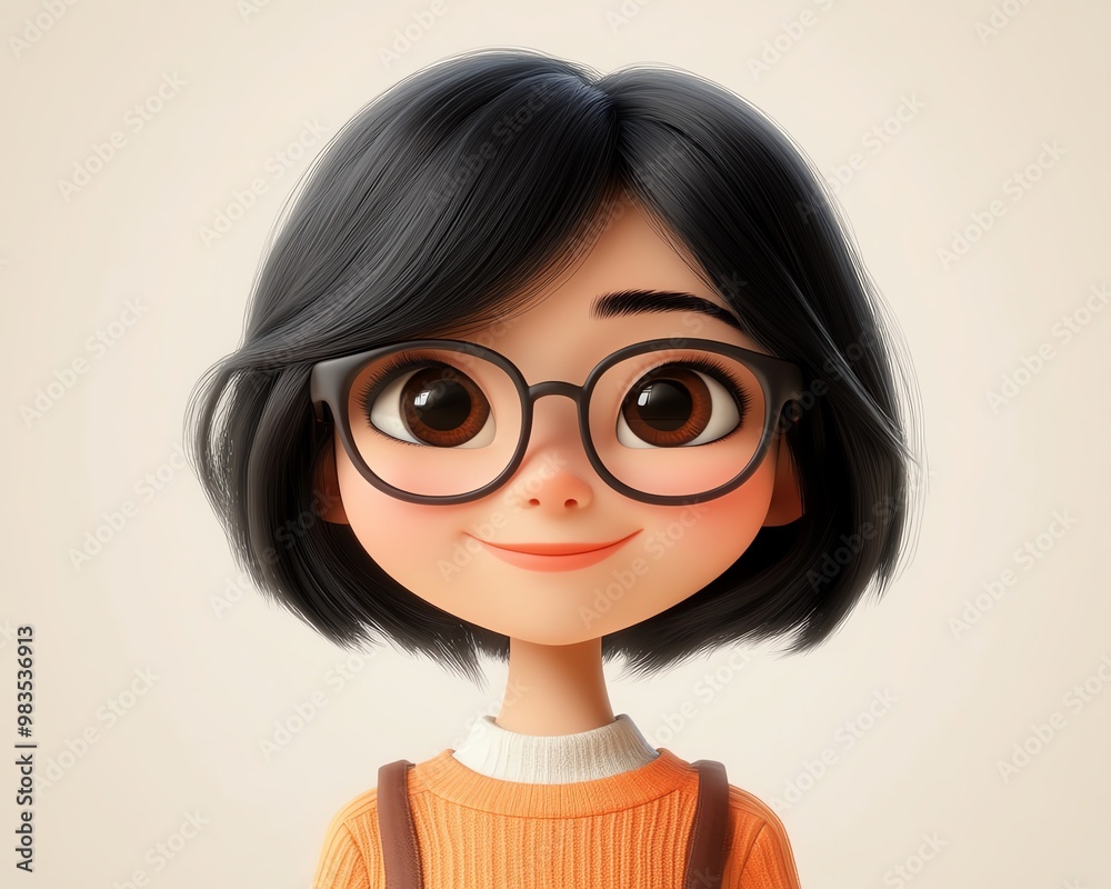 Smiling Asian cartoon character, young woman with short black hair and glasses, 3D style design, light background, human feelings expression Smiling Asian cartoon character, young woman with short black hair and glasses, 3D style design, light background, human feelings expression