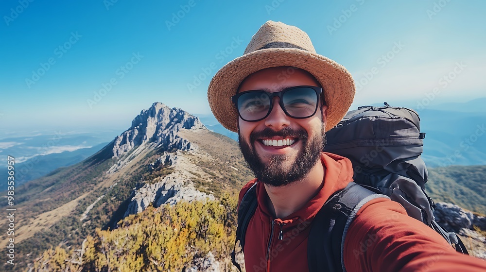 A cheerful hiker takes a selfie on a mountain peak, showcasing a stunning landscape. A cheerful hiker takes a selfie on a mountain peak, showcasing a stunning landscape.