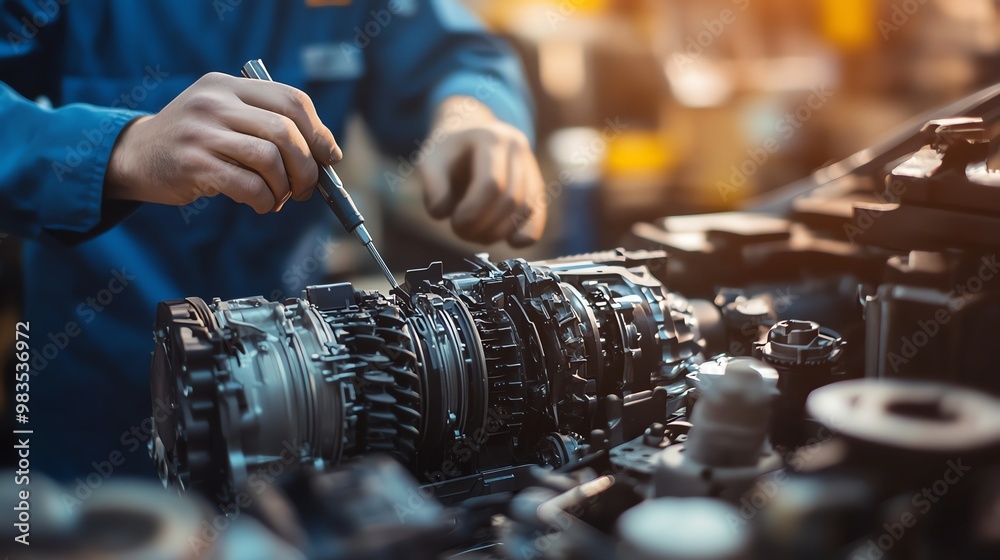 A mechanic works on a car engine. A mechanic works on a car engine.