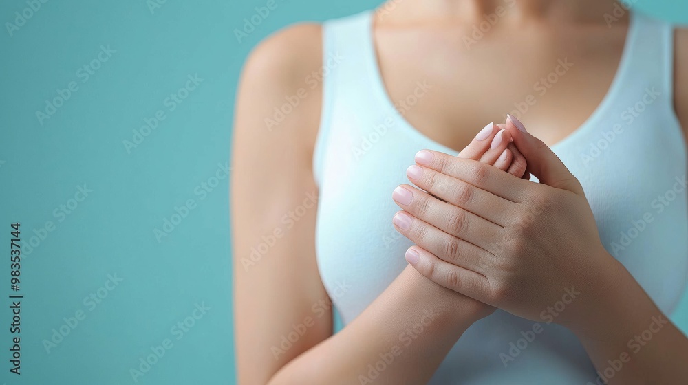 Woman s Hands Holding Chest Tenderness Pain Medical Concept Woman s Hands Holding Chest Tenderness Pain Medical Concept