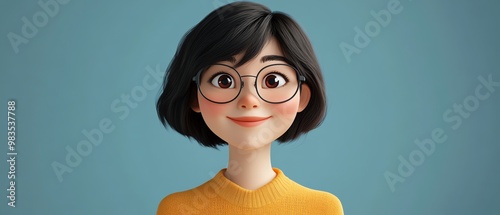 3D cartoon of a smiling young woman with short black hair and glasses, Asian character, light background, human feelings concept