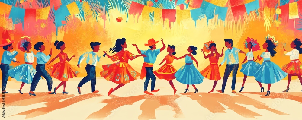 2D cartoon of Latino children dancing in a traditional festival, bright costumes, energetic movement, colorful backdrop, joyful vibe, playful line art 2D cartoon of Latino children dancing in a traditional festival, bright costumes, energetic movement, colorful backdrop, joyful vibe, playful line art