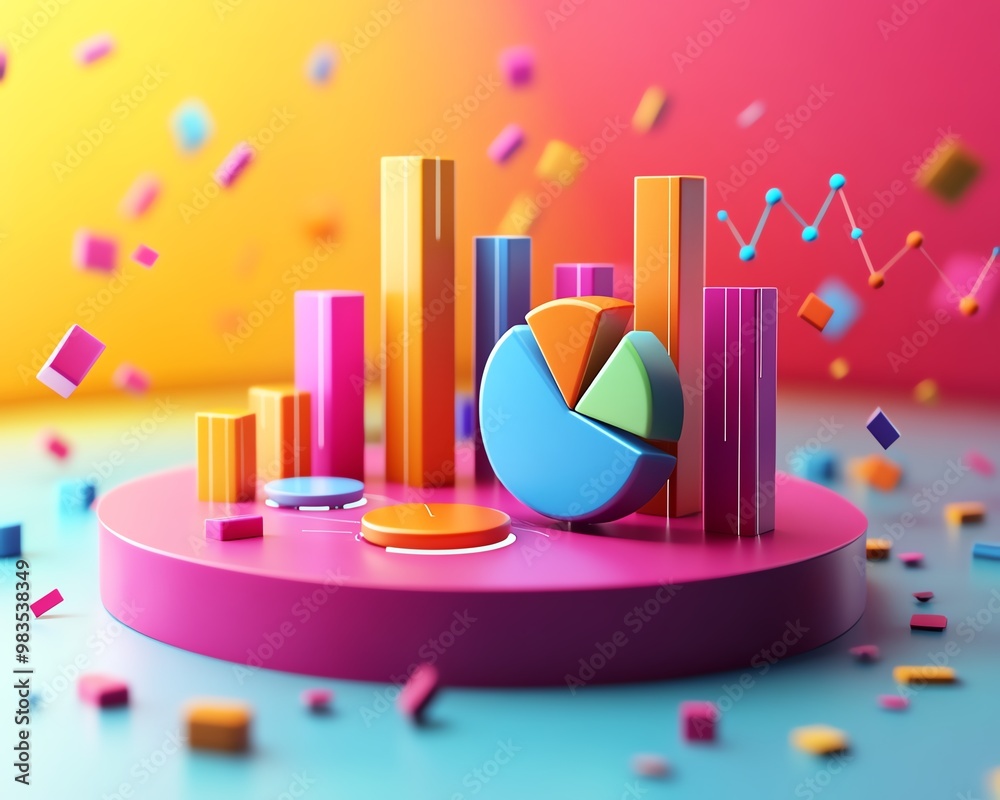 3D infographic with statistical data, pie charts, bar graphs, modern style, colorful design, clean and professional layout 3D infographic with statistical data, pie charts, bar graphs, modern style, colorful design, clean and professional layout