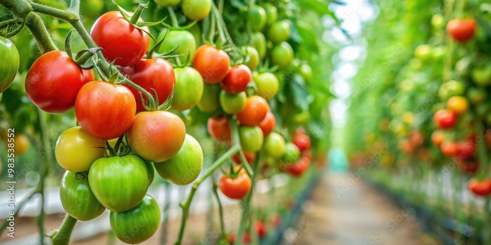 Organic Green and Red Tomatoes Ripening on Vine in Greenhouse Closeup Growing Vegetables Organic Green and Red Tomatoes Ripening on Vine in Greenhouse Closeup Growing Vegetables