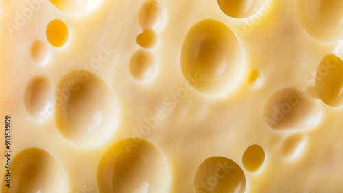 Close-up of Swiss cheese with characteristic holes, showing creamy texture and light yellow color, ideal for food backgrounds and culinary themes. photo