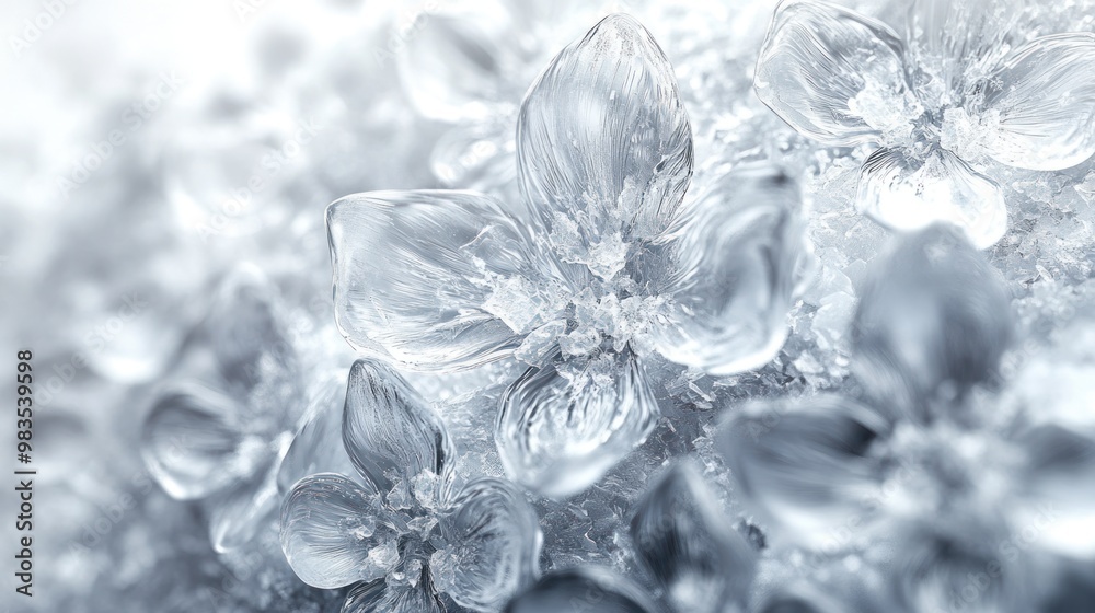 Close-up of delicate, frosty flowers resembling ice crystals. Close-up of delicate, frosty flowers resembling ice crystals.