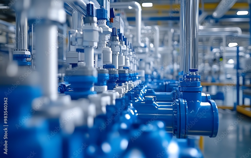 Highdetail image of blue and white piping in a resin injection factory, plastic pallet production process, clean and organized factory, commercial advertisement Highdetail image of blue and white piping in a resin injection factory, plastic pallet production process, clean and organized factory, commercial advertisement