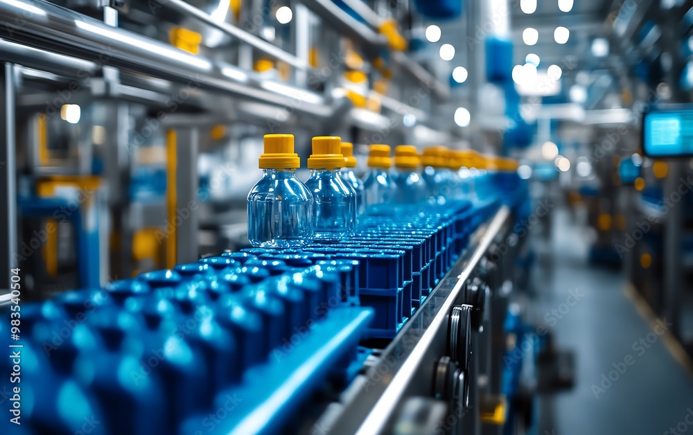 Highdetail piping system for plastic pallet manufacturing, resin injection process, blue and white colors, clean and professional factory setting Highdetail piping system for plastic pallet manufacturing, resin injection process, blue and white colors, clean and professional factory setting