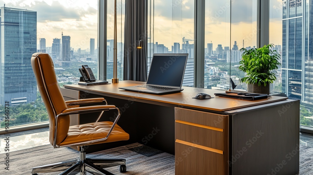 A modern office with a city view, featuring a desk, laptop, and a brown leather chair. A modern office with a city view, featuring a desk, laptop, and a brown leather chair.